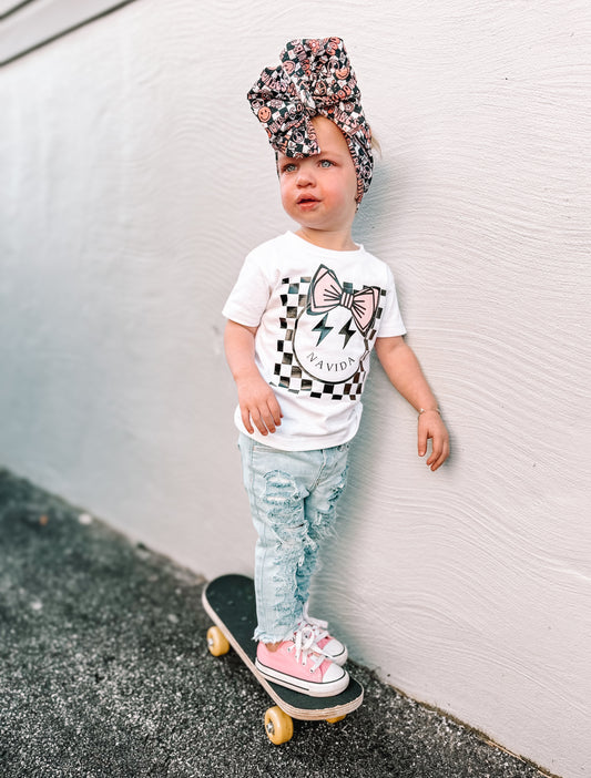 Bow Checkerboard Smiley Name (Kids Tee)