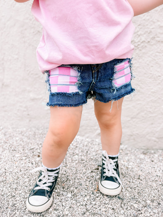Blue Jean PINK Checkered Patch Shorts (Boys & Girls)