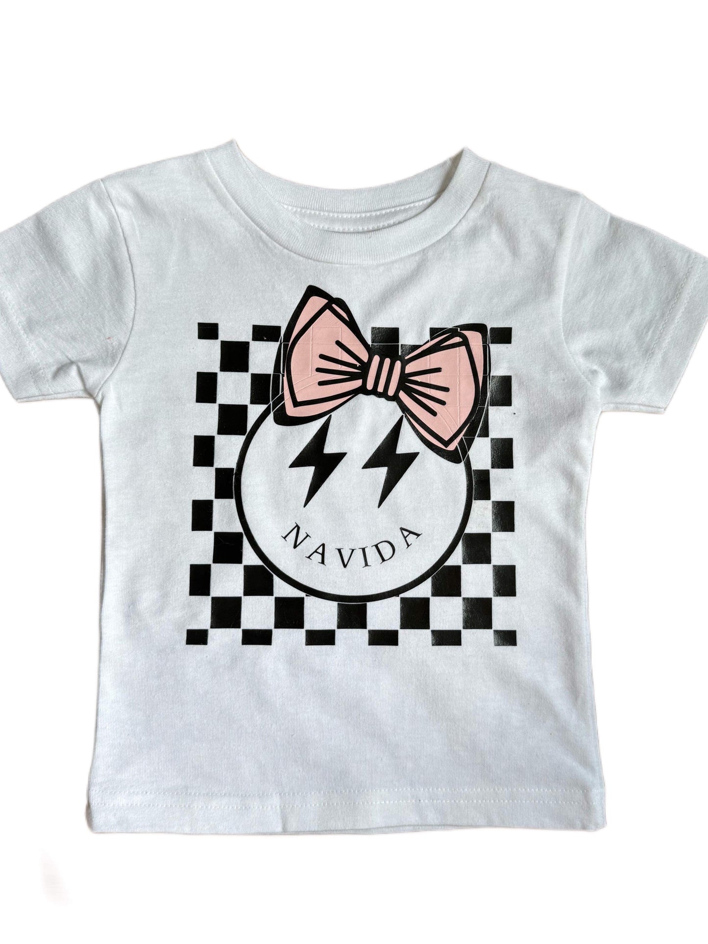 Bow Checkerboard Smiley Name (Kids Tee)