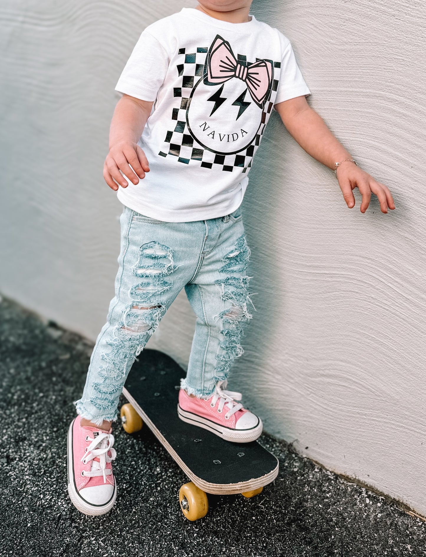 Bow Checkerboard Smiley Name (Kids Tee)