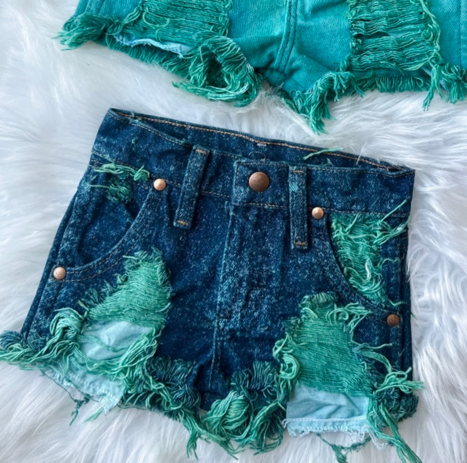 Teal Acid Wash Cowboy Cut Wrangler Shorts (Boys & Girls)